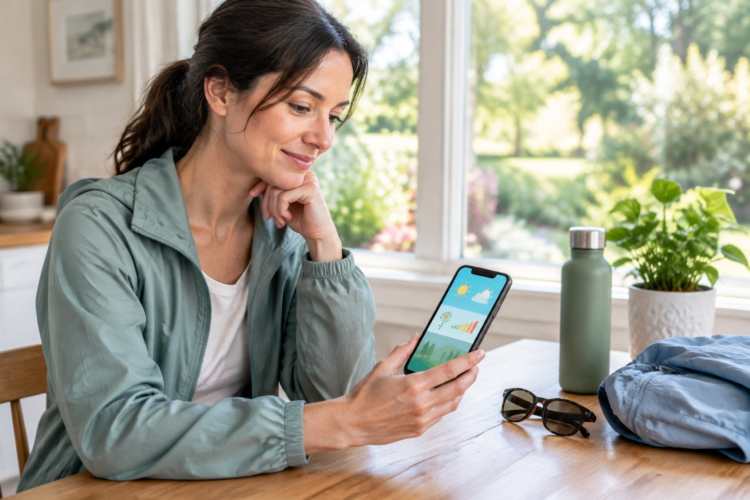 A woman checks her phone at a kitchen table while preparing for an outdoor walk.