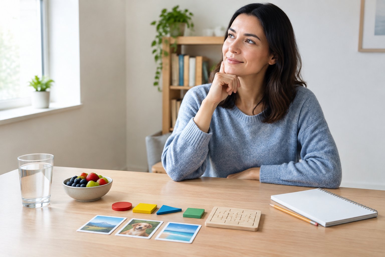 An adult practices recalling the arrangement of objects at a desk.