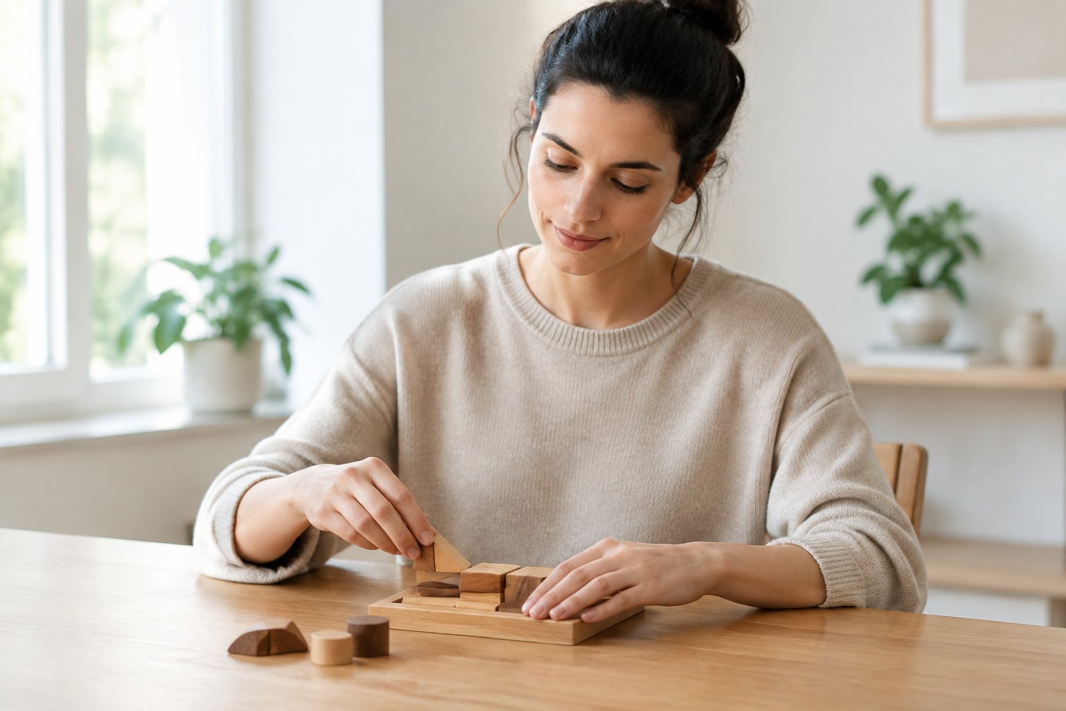 An adult calmly focuses on arranging wooden shapes at a table.