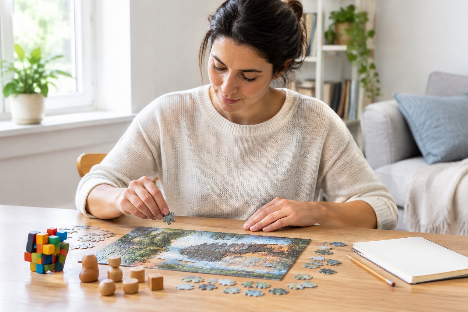 An adult focuses on a wooden puzzle at a table.
