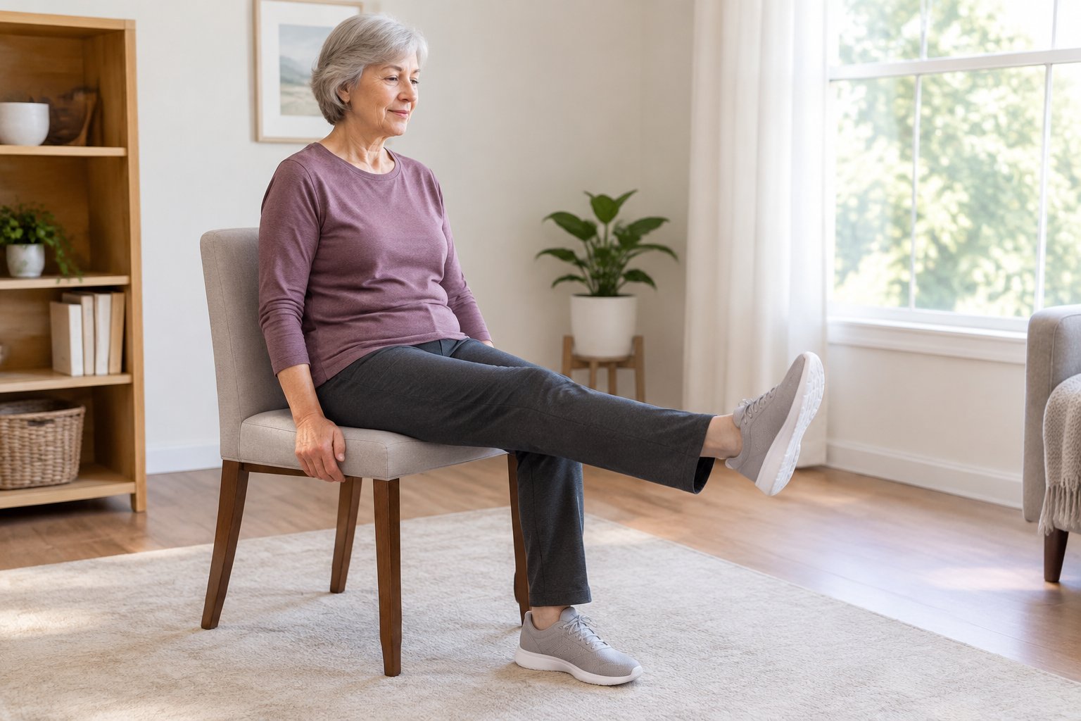 An older adult gently straightens one leg while seated on a chair at home.