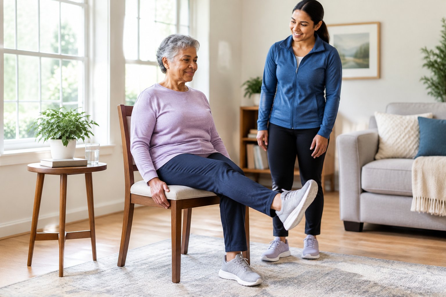 An older adult gently straightens one leg while seated in a sturdy chair as a companion stands nearby.