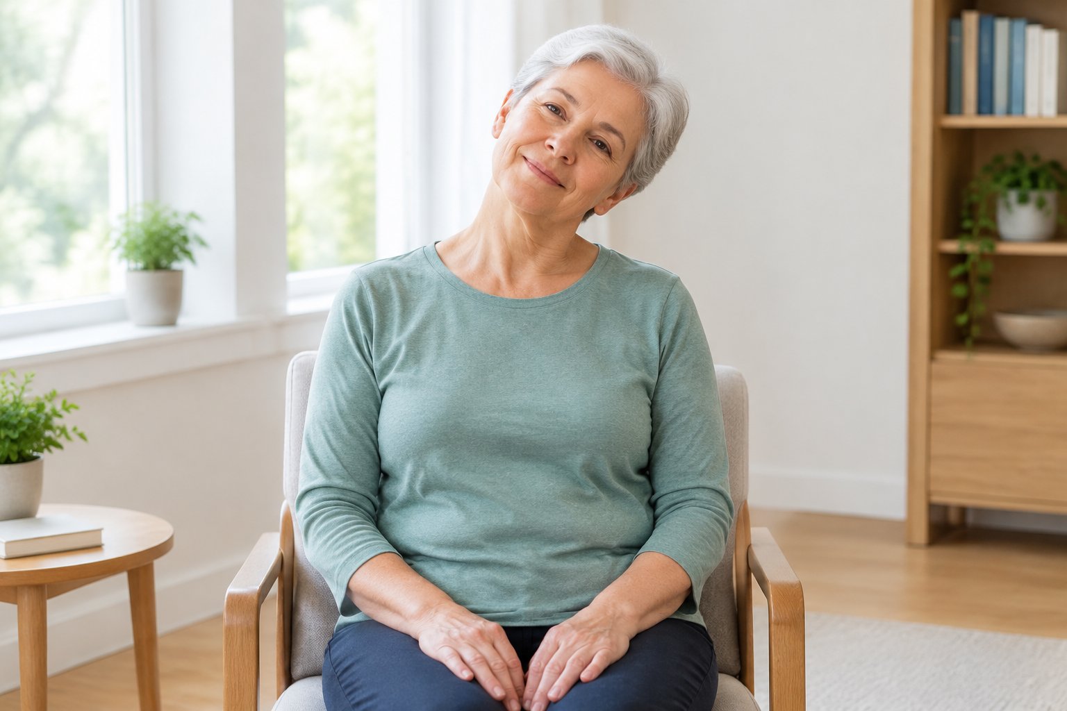 An older adult gently tilts their head while seated in a chair.