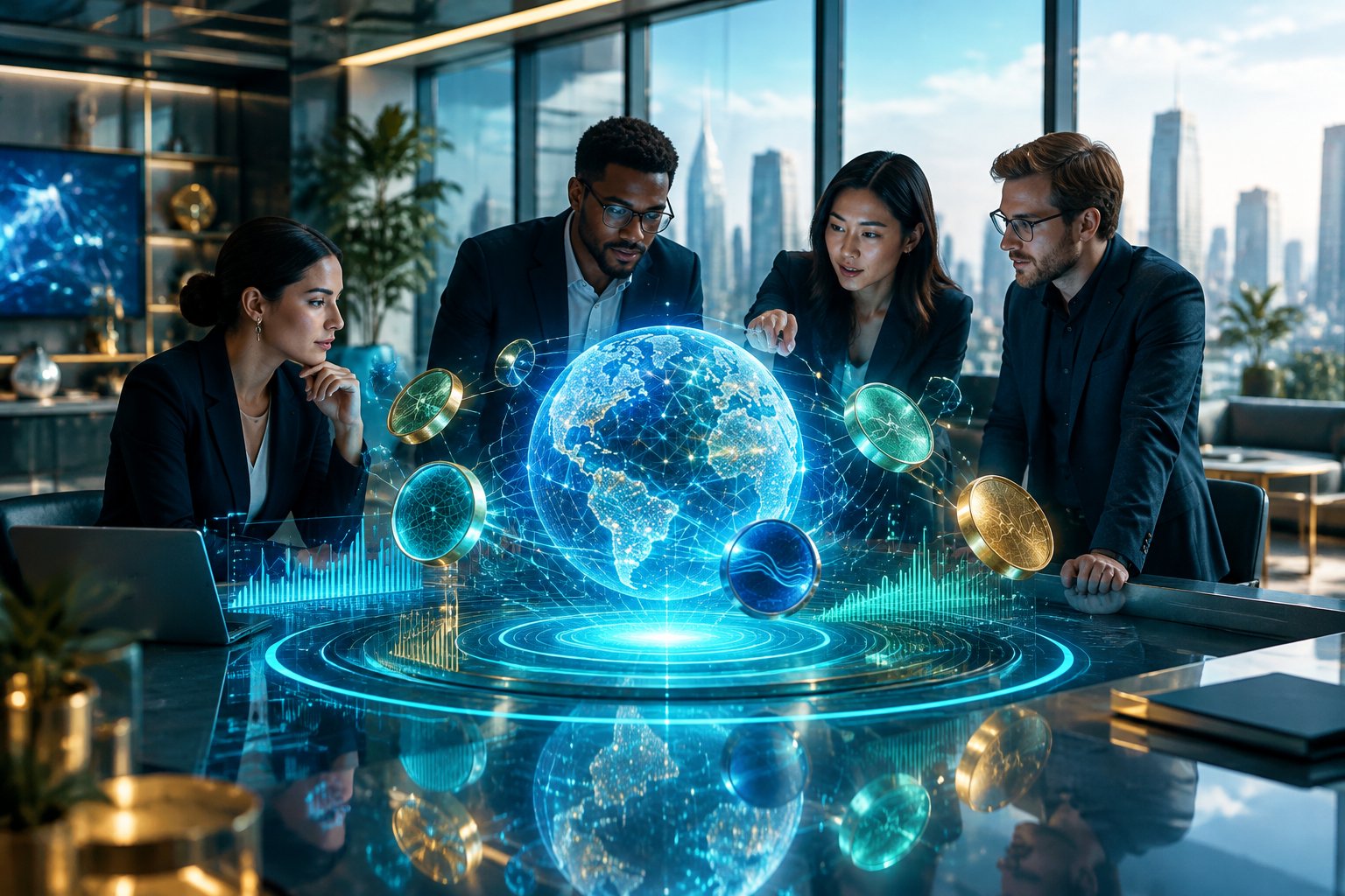 Professionals examine a digital globe and abstract cryptocurrency forms in a modern workspace.