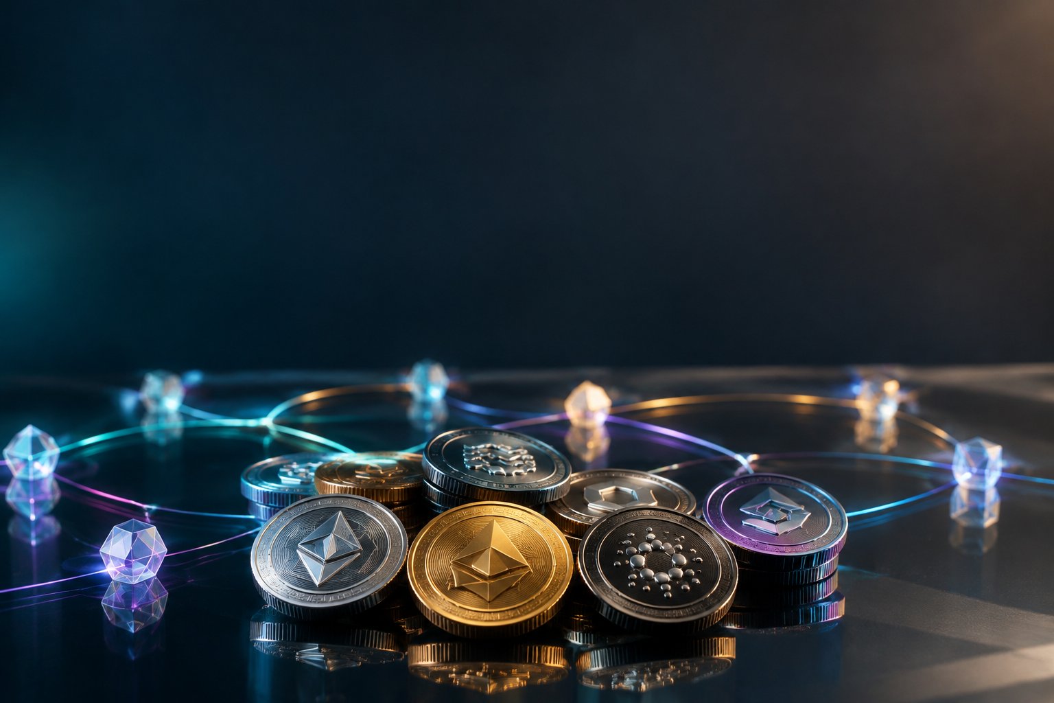 Unbranded cryptocurrency tokens sit beside glowing interconnected network nodes.