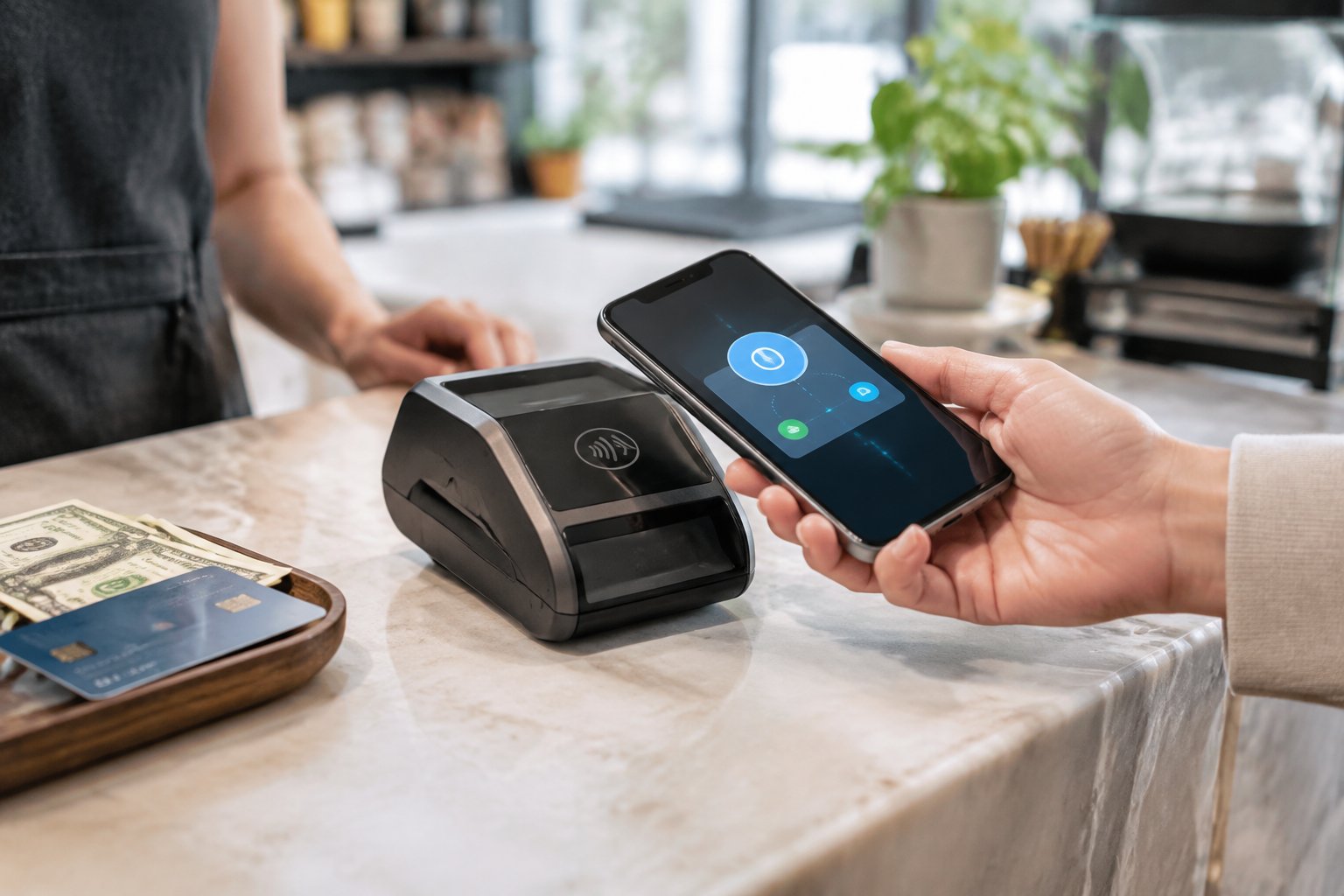 A person uses a smartphone to make a contactless payment at a shop counter, with cash and a bank card nearby.