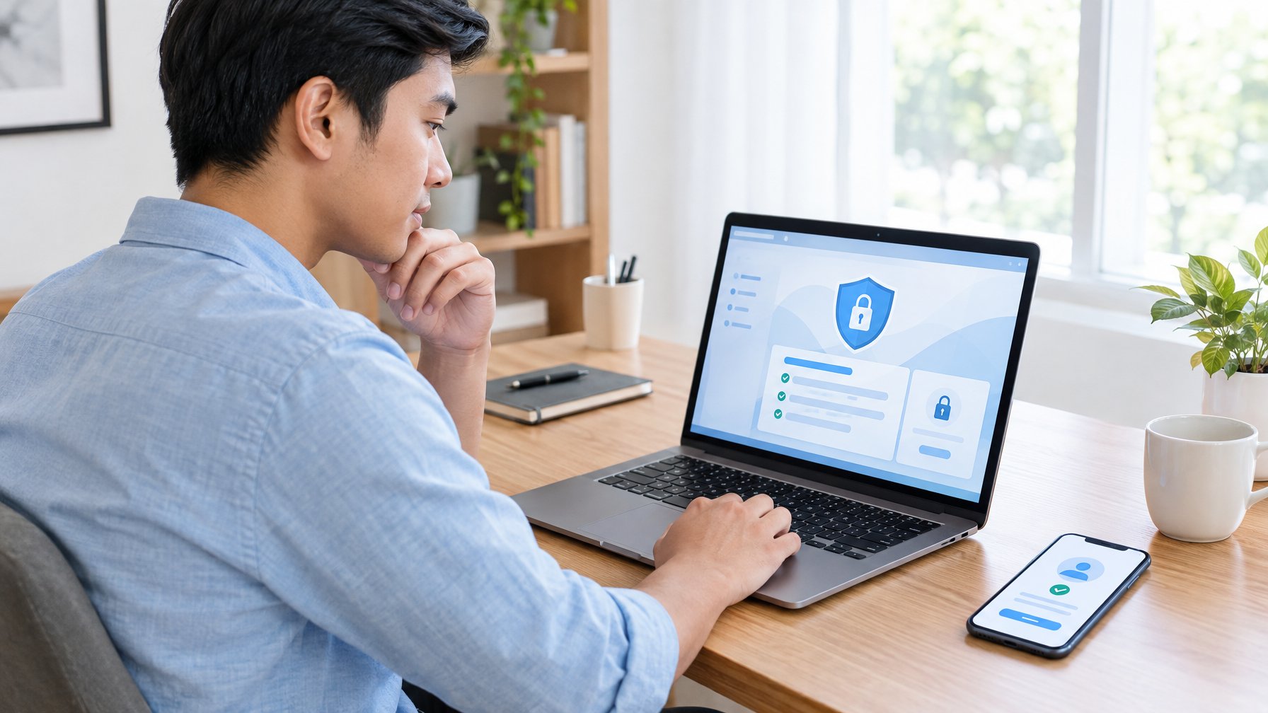 Seseorang memeriksa keamanan platform online di laptop dengan ponsel di sampingnya.