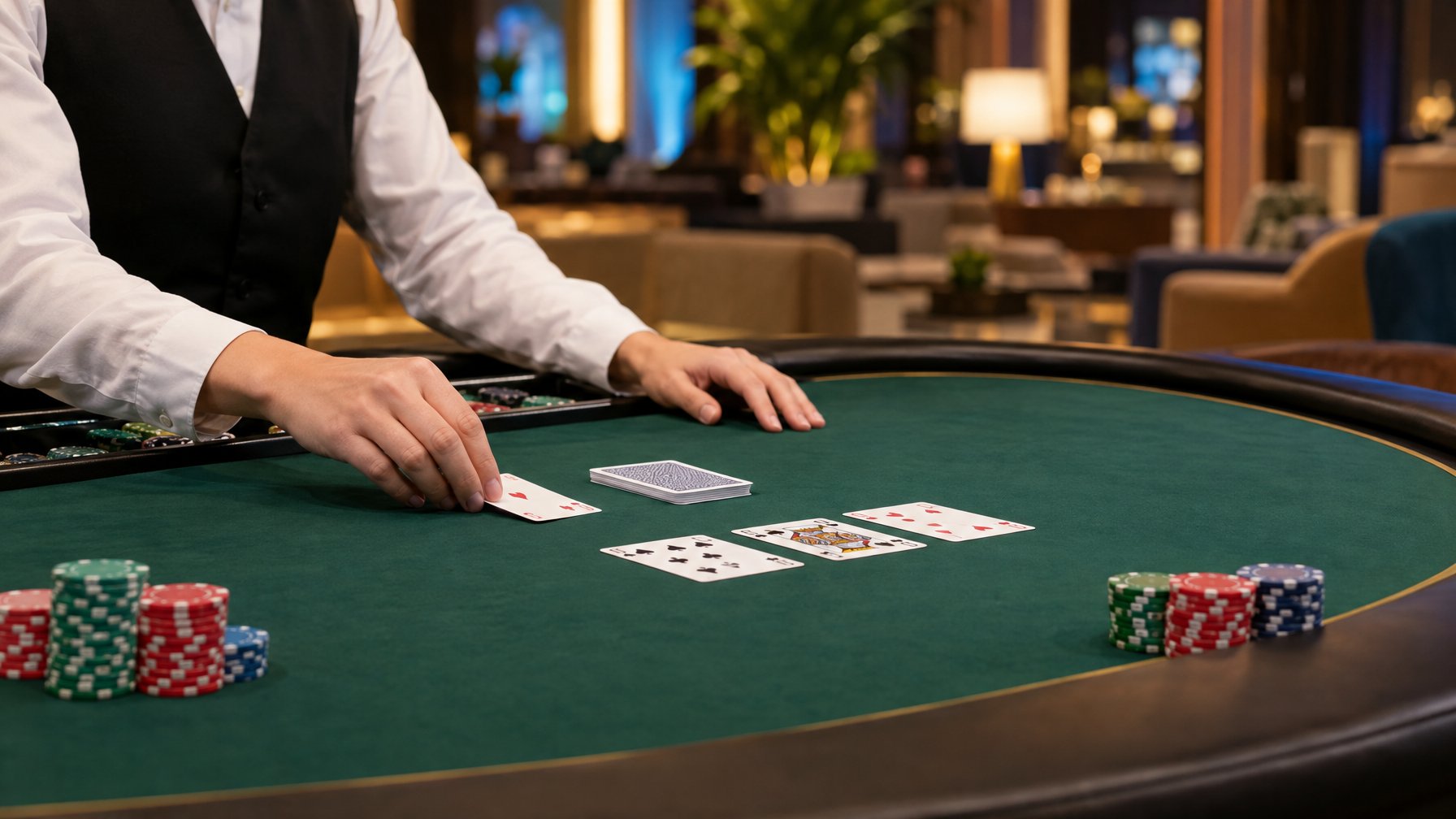 Meja baccarat hijau dengan kartu dan tumpukan chip di ruang kasino.
