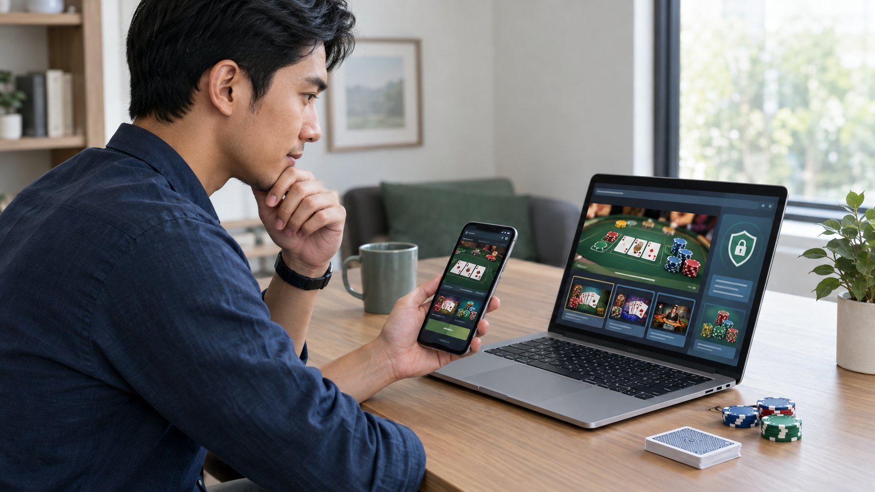 Seseorang memeriksa tampilan situs baccarat di laptop dan ponsel.