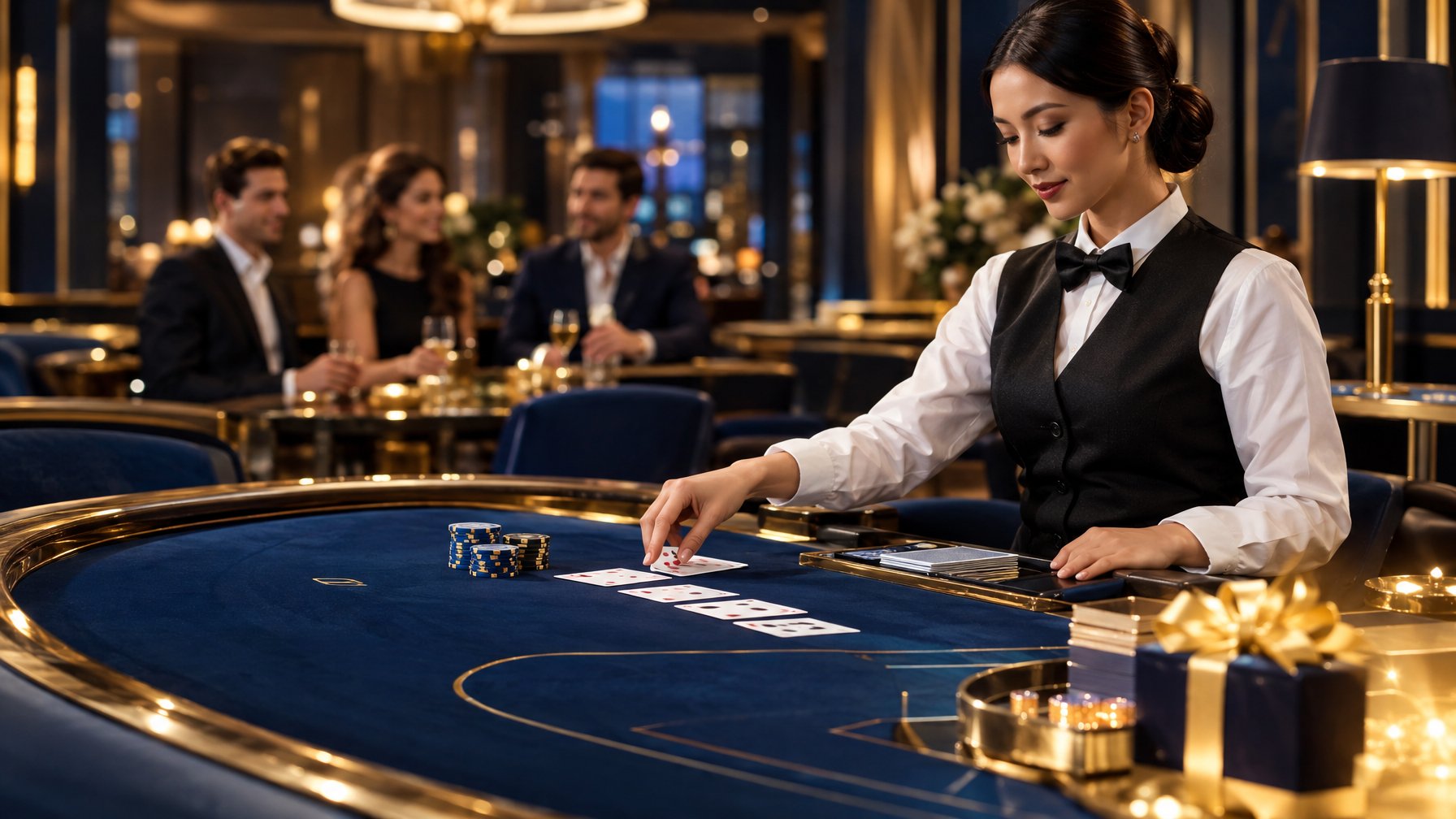 Meja baccarat dengan kartu dan keping kasino di ruang kasino elegan.