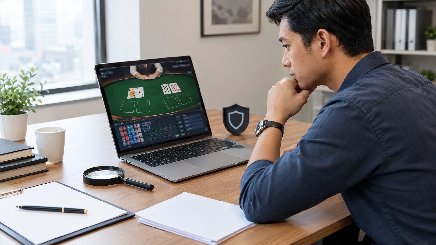 Seorang profesional memeriksa platform baccarat online di laptop dengan dokumen dan kaca pembesar di meja.