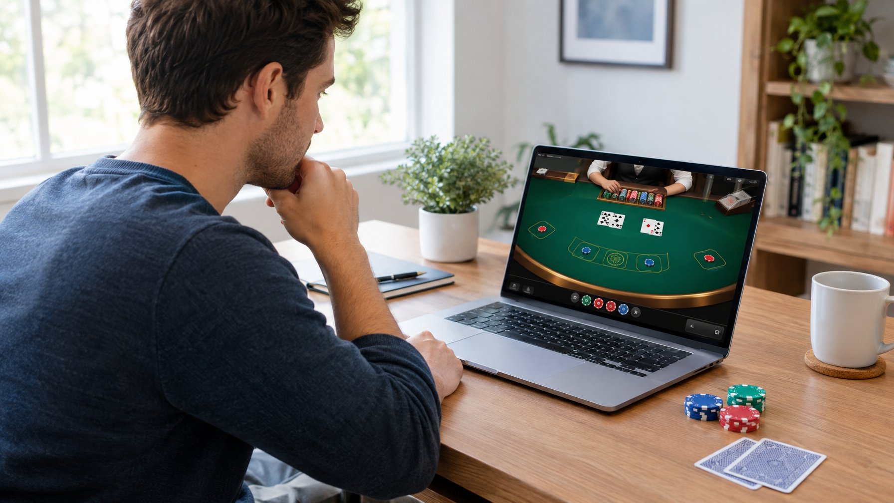 Seorang pemula memperhatikan permainan baccarat online di laptop.