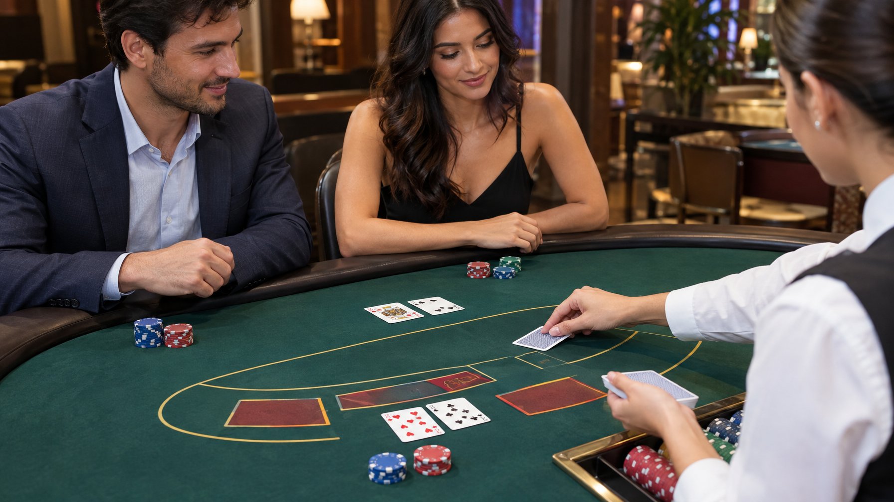 Dealer membagikan kartu di meja baccarat sementara dua pemain memperhatikan.