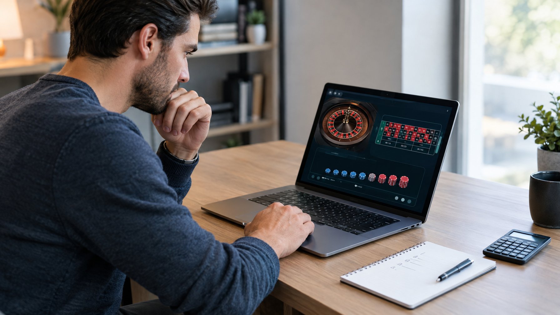 Seseorang mempelajari permainan roulette daring di laptop dengan keping taruhan dan kalkulator di meja.