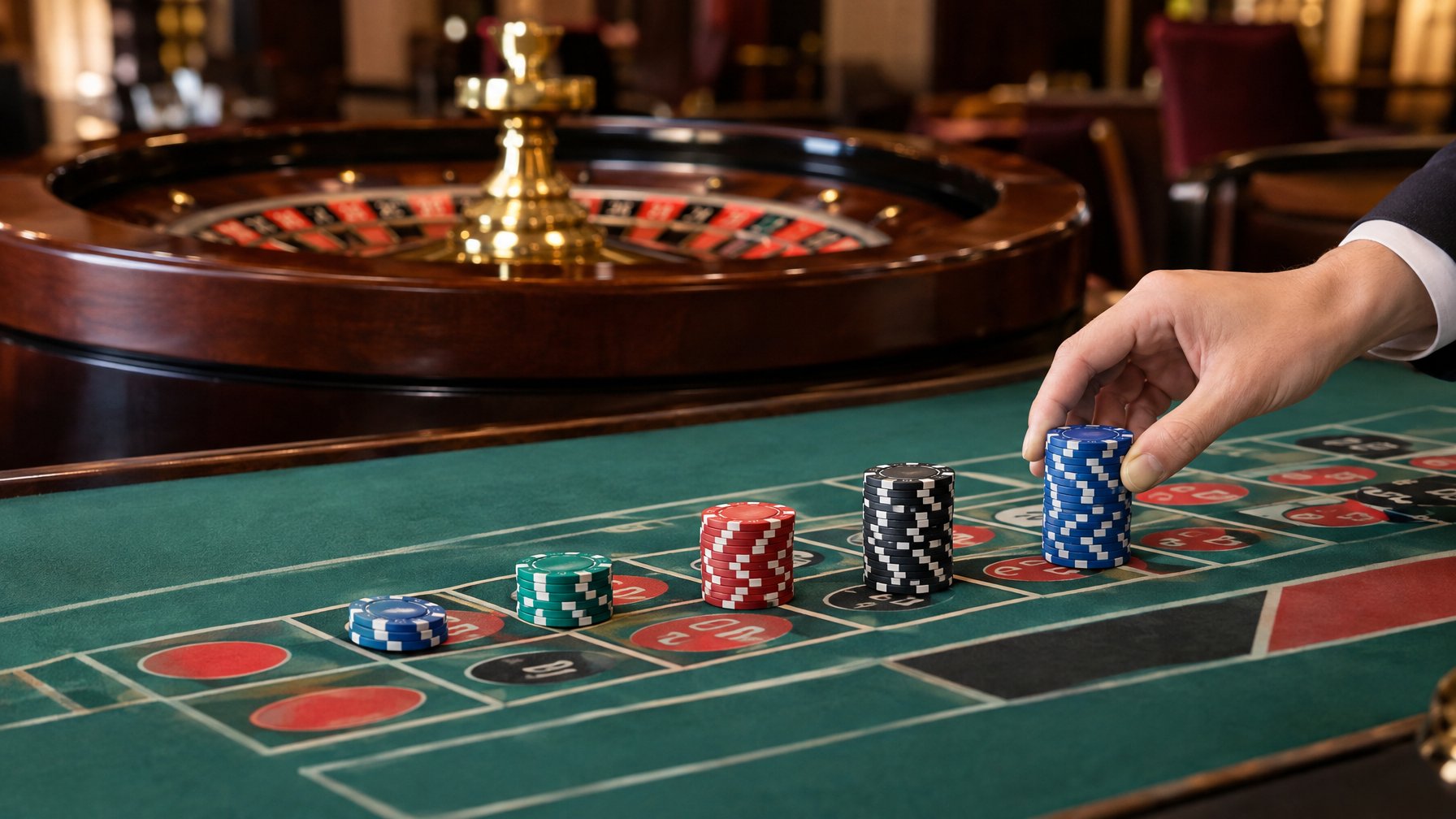 Tumpukan chip taruhan yang semakin besar diletakkan di meja roulette.