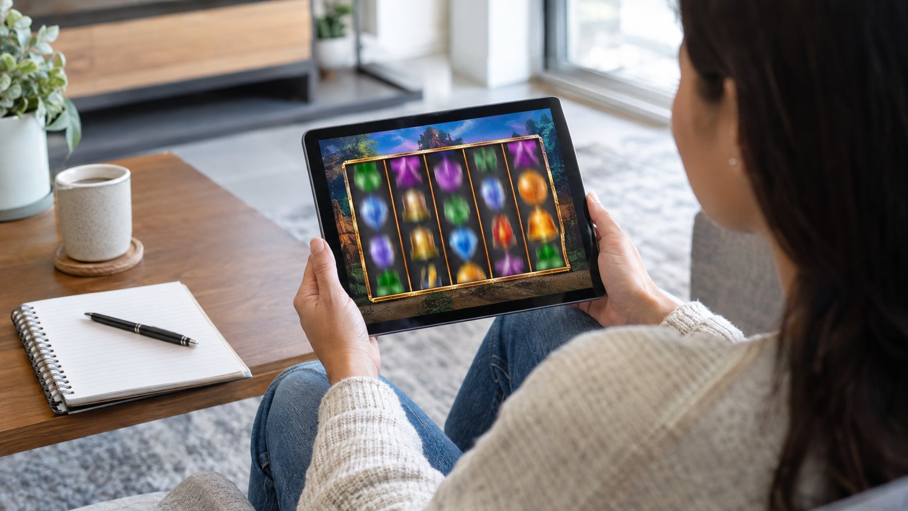 Seseorang mengamati gulungan permainan slot di tablet dengan buku catatan di dekatnya.
