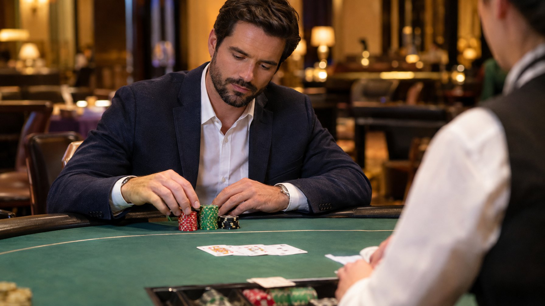 Seorang pemain mengatur tumpukan chip di meja blackjack dengan dealer di seberangnya.