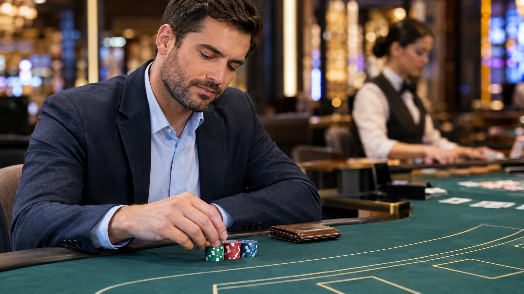 Seorang pemain menata sejumlah kecil keping kasino di meja blackjack sebelum bermain.