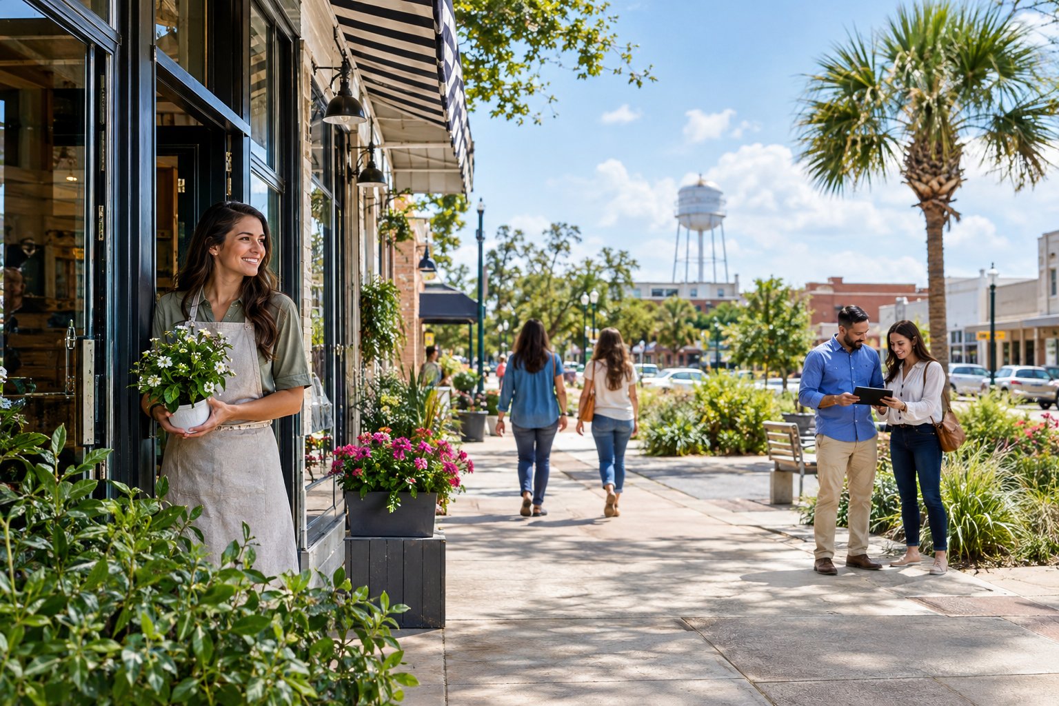 A small business owner talks with a customer outside a neighborhood storefront.