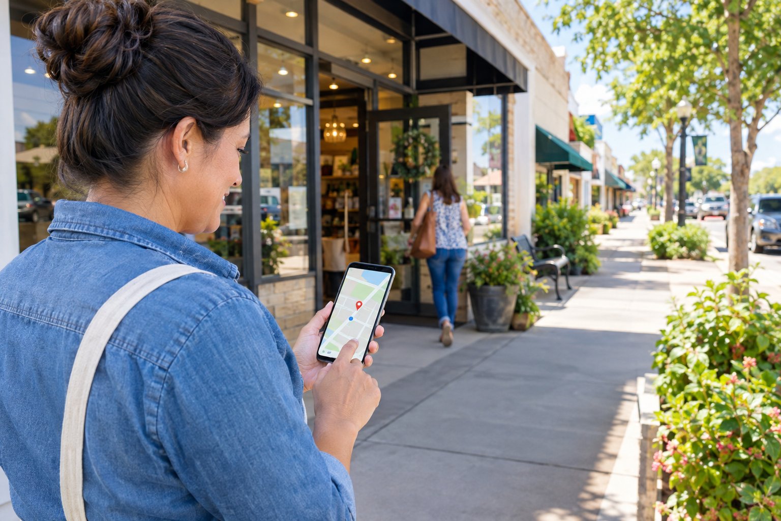 A local business owner checks a map on a smartphone outside a neighborhood storefront.