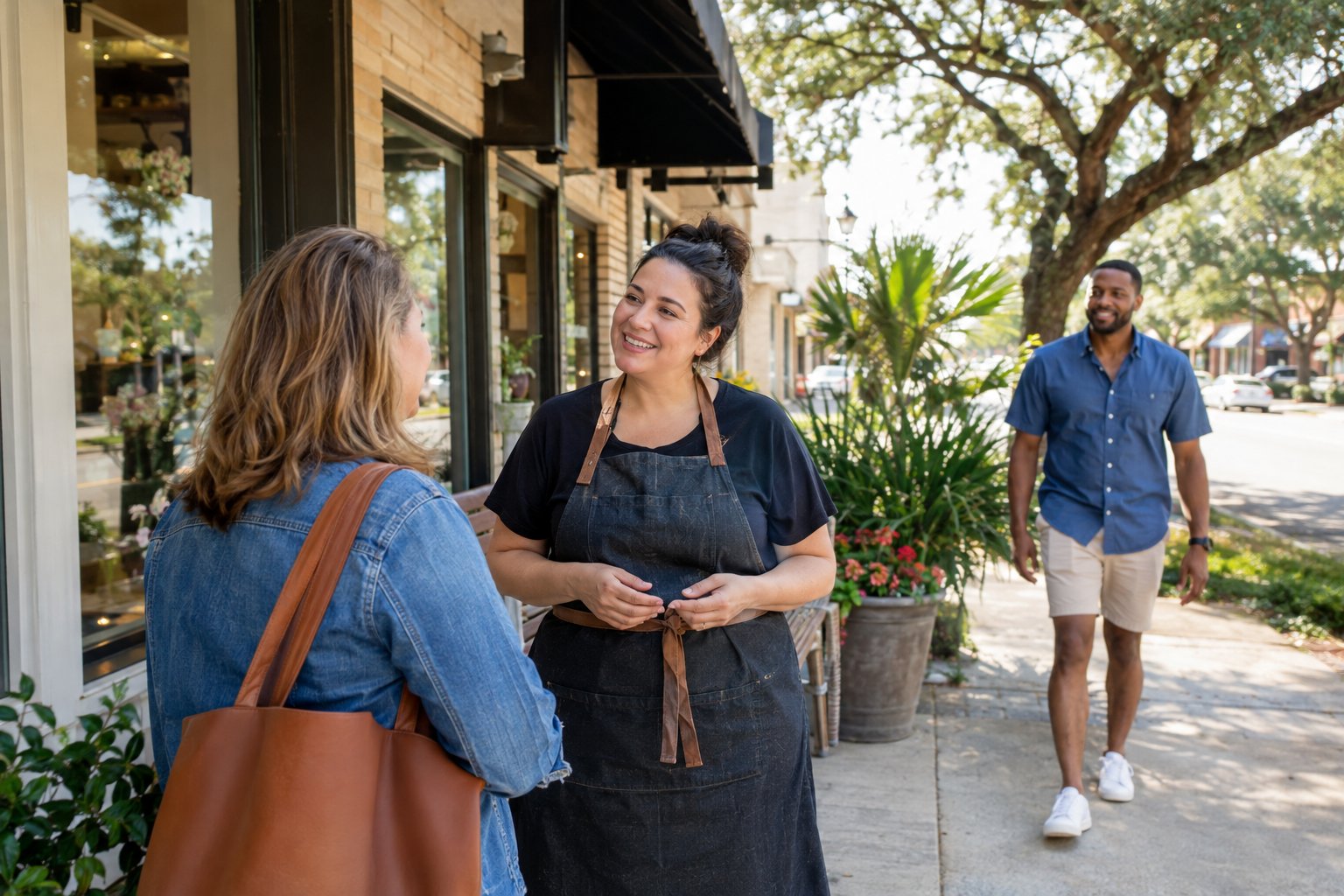 A small-business owner greets a customer outside a local storefront.