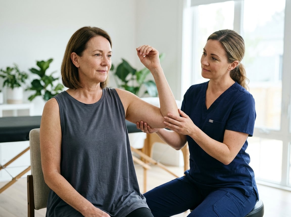 Physical therapist guiding a woman through a gentle arm stretch for cording after mastectomy