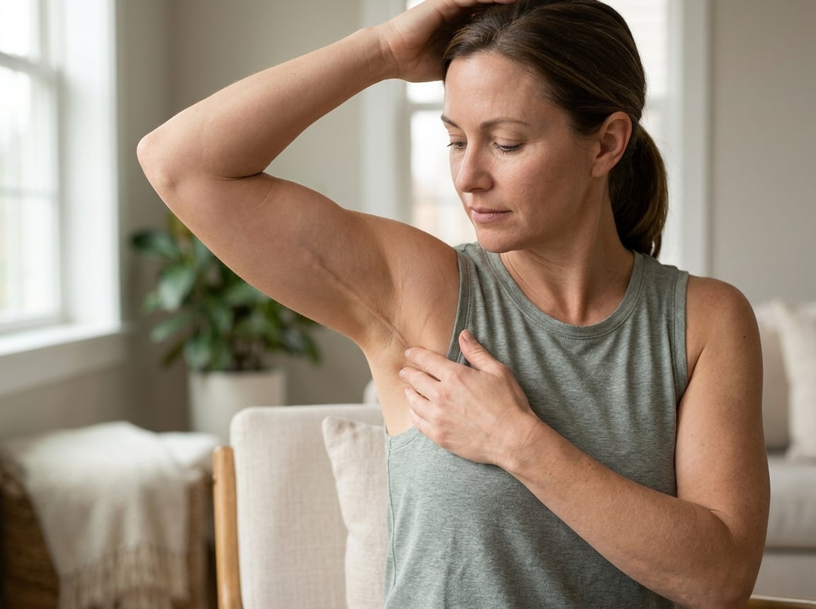 Woman touching a tight cord-like band in her armpit and inner arm