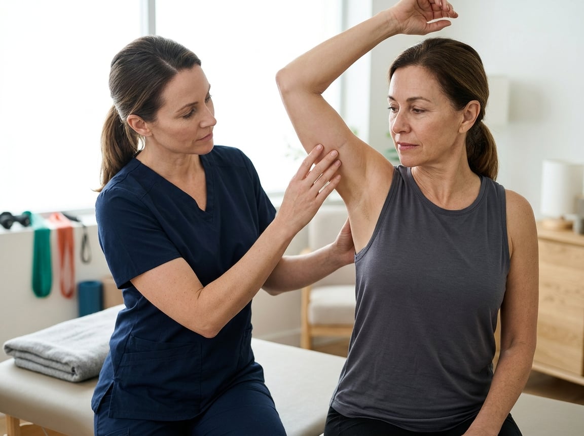 Physical therapist examining a woman’s underarm for axillary web syndrome as she raises her arm