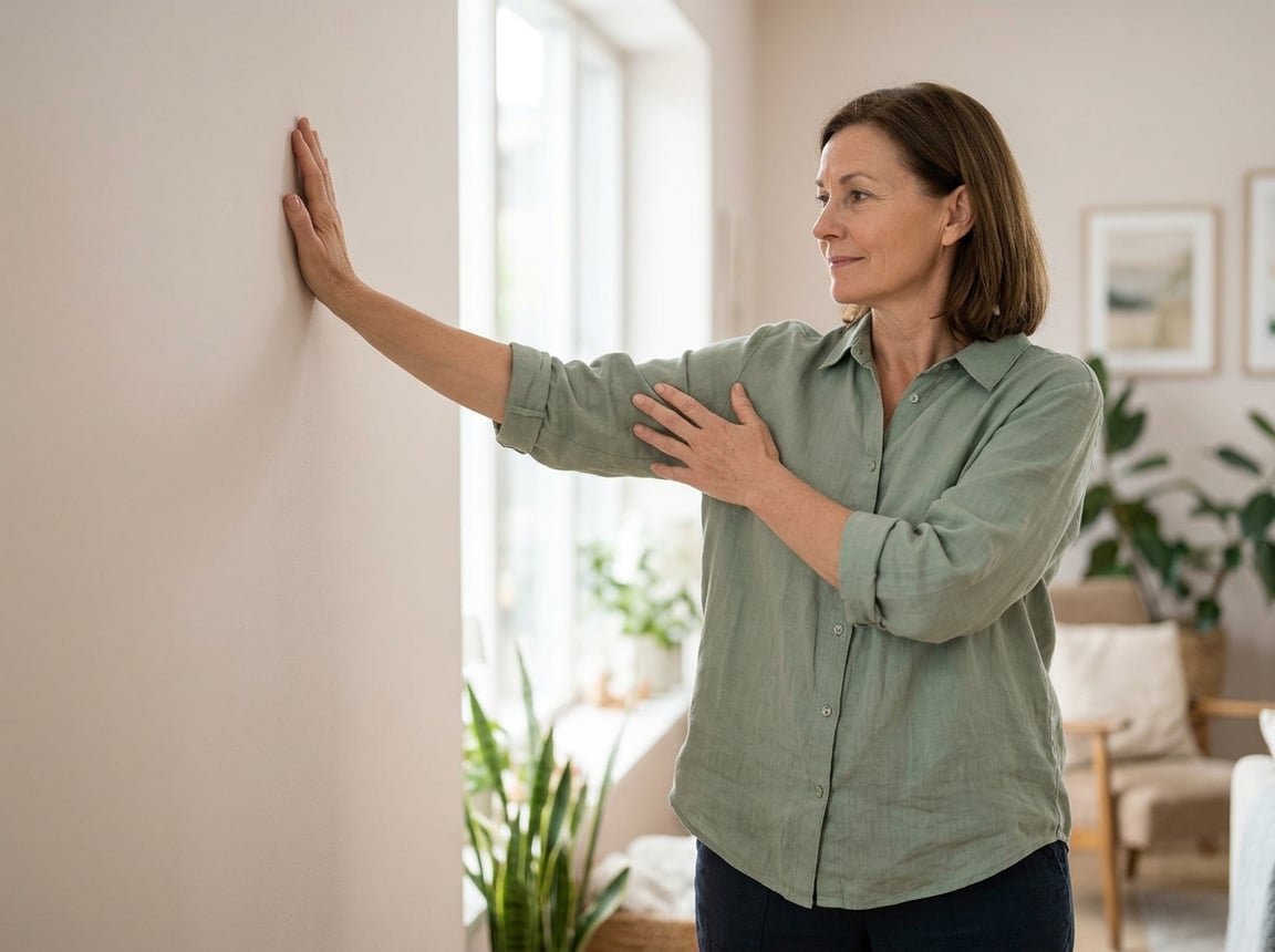Woman doing a gentle wall stretch at home to ease cording in her armpit