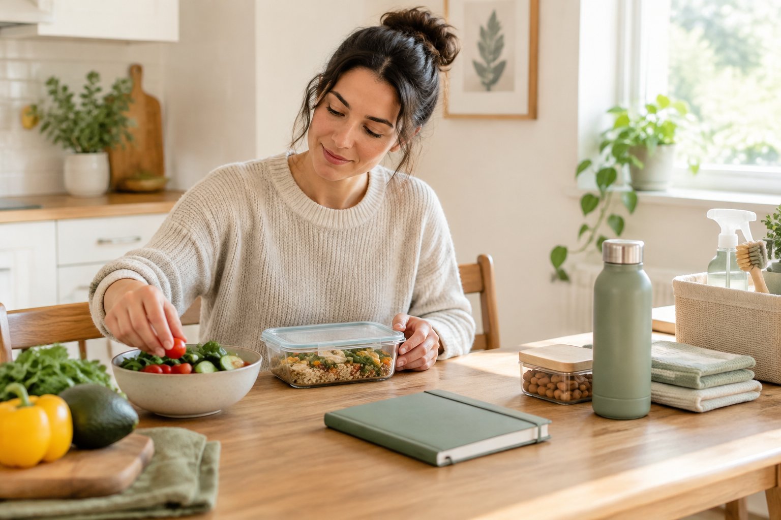A person calmly preparing meals and organizing household items at a kitchen table.