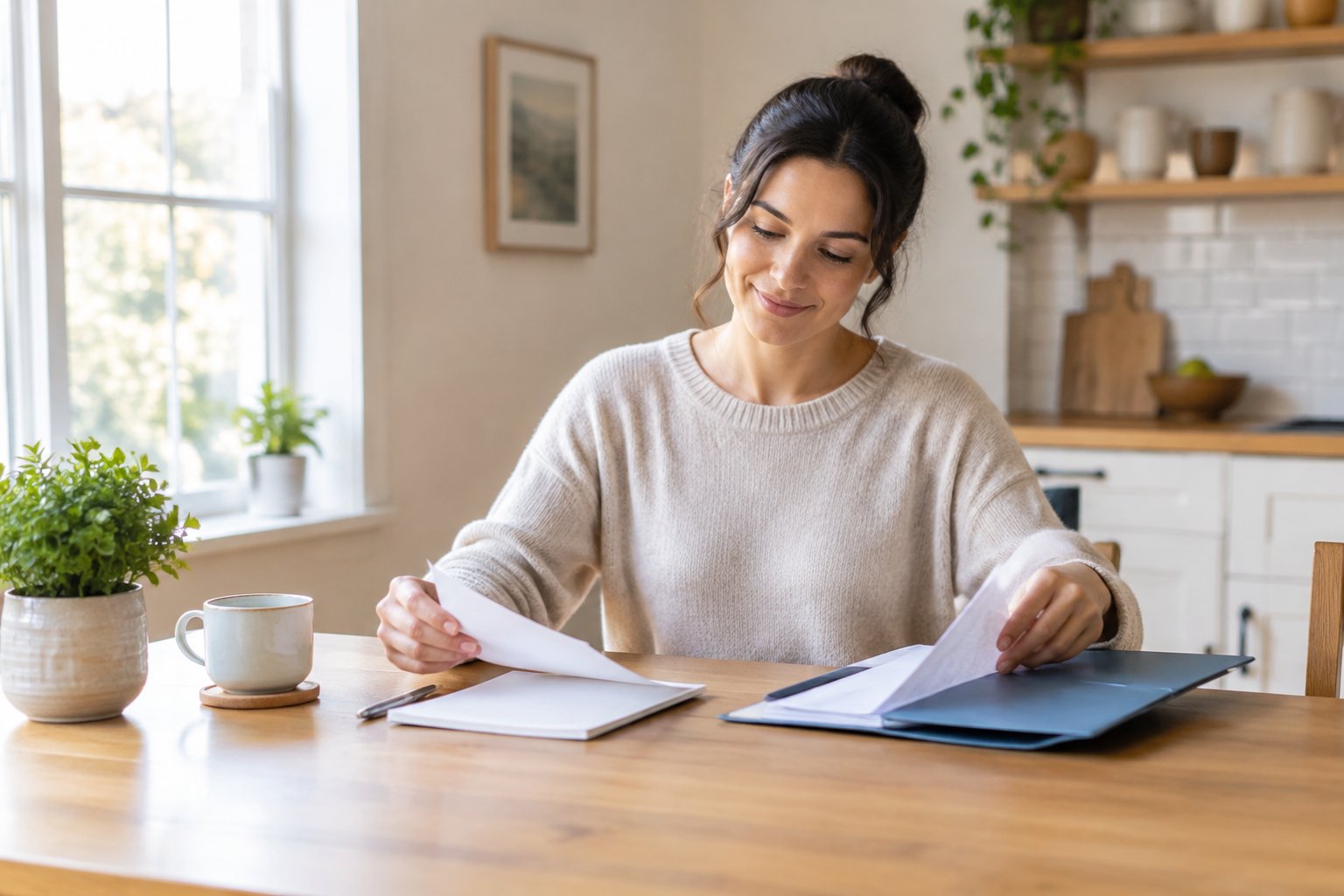 An adult calmly organizes household papers at a sunlit kitchen table.