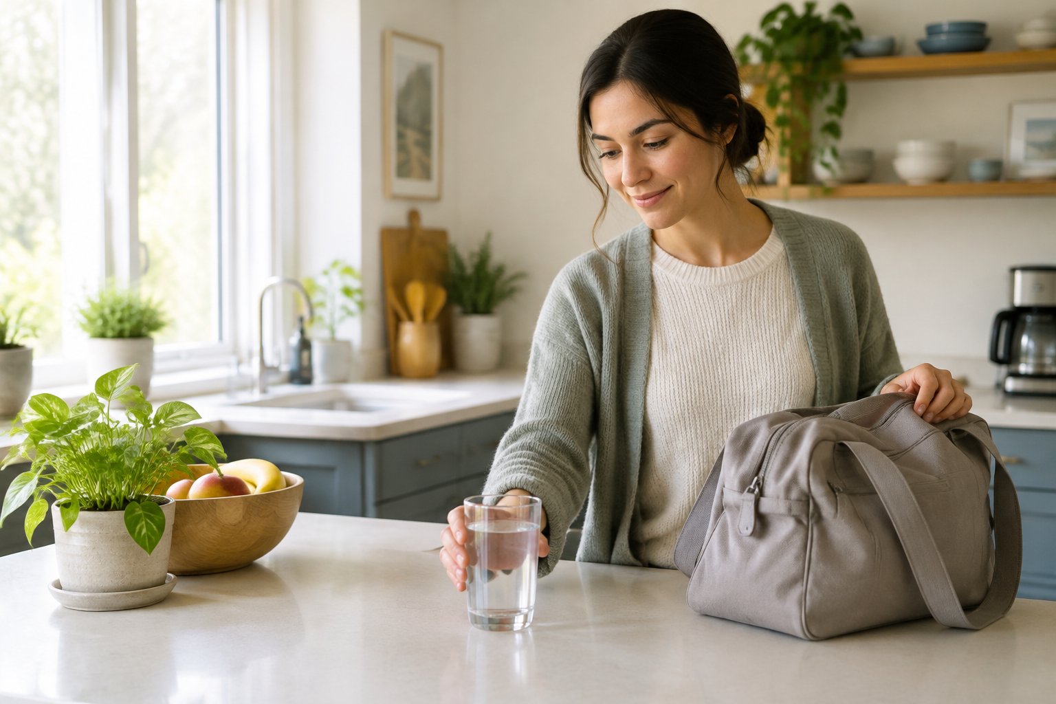 An adult places a glass of water beside a bag on a tidy kitchen counter.