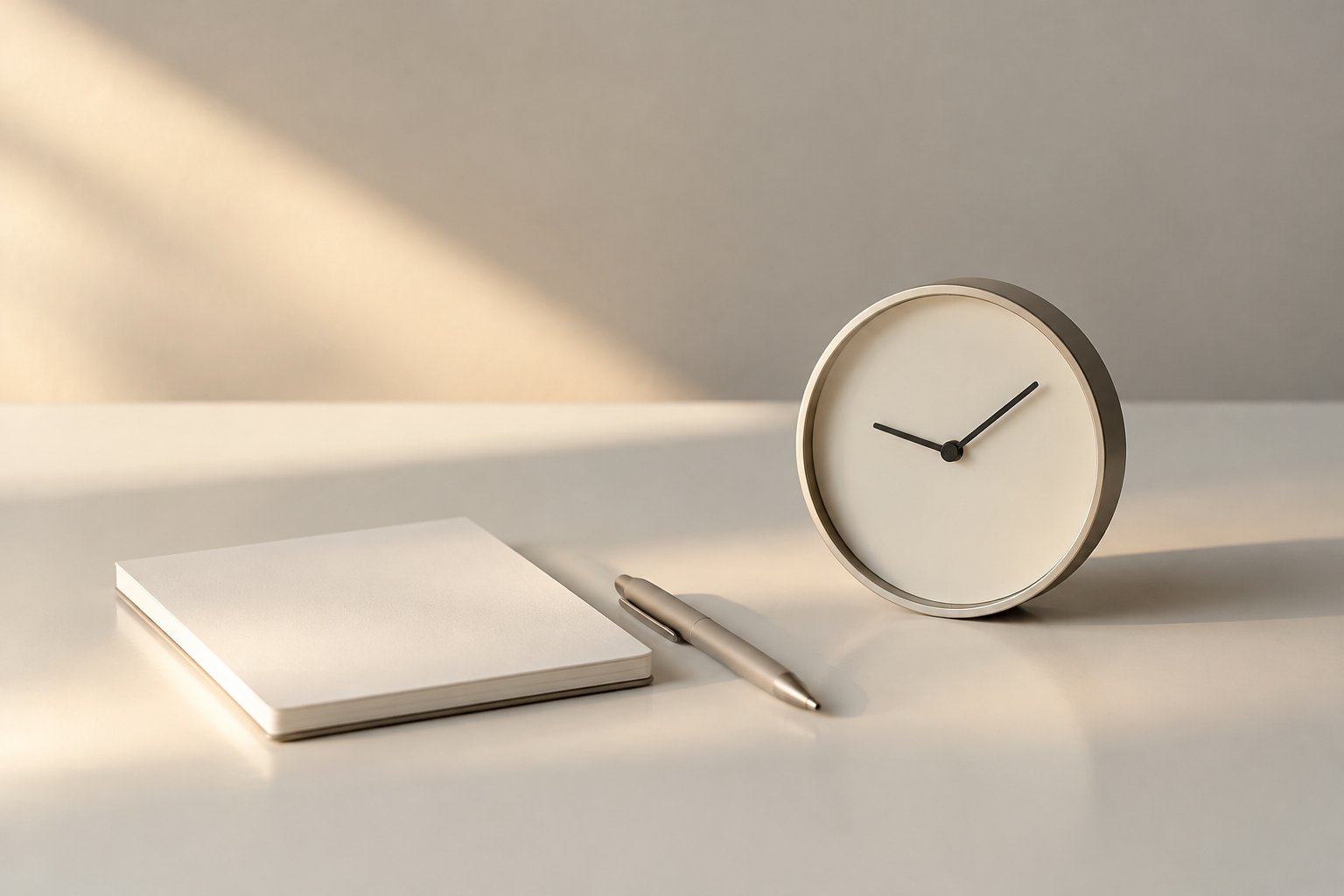 Minimal time management — a simple clock and notepad in sunlight