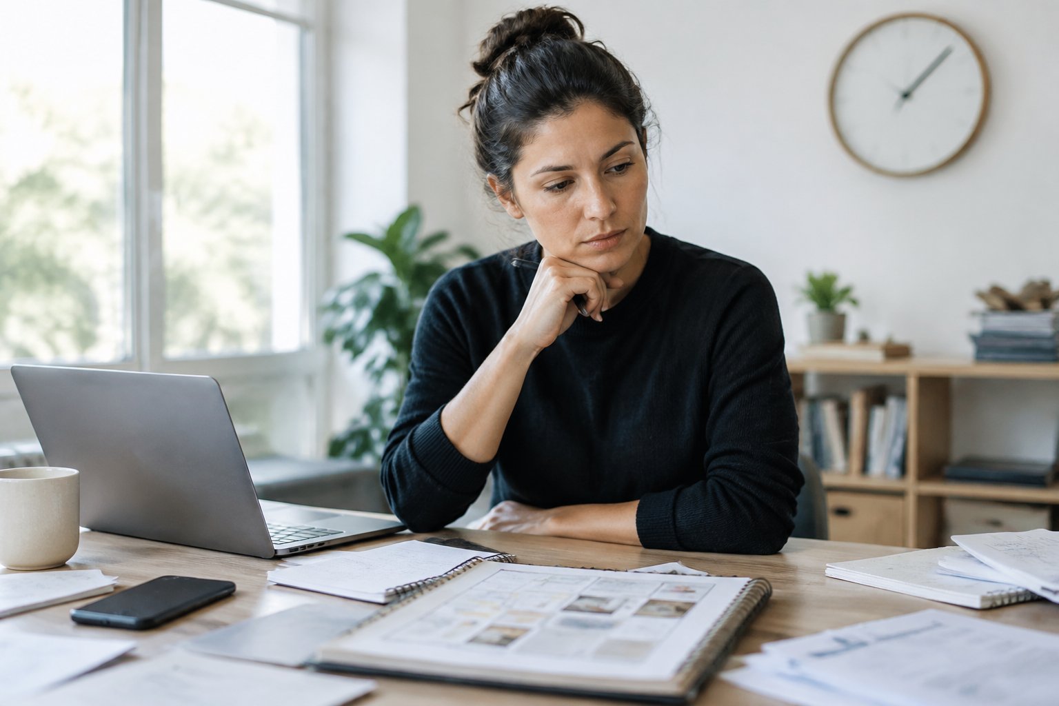 A professional pauses at a desk with an unfinished project, scattered papers, a laptop, and a clock nearby.