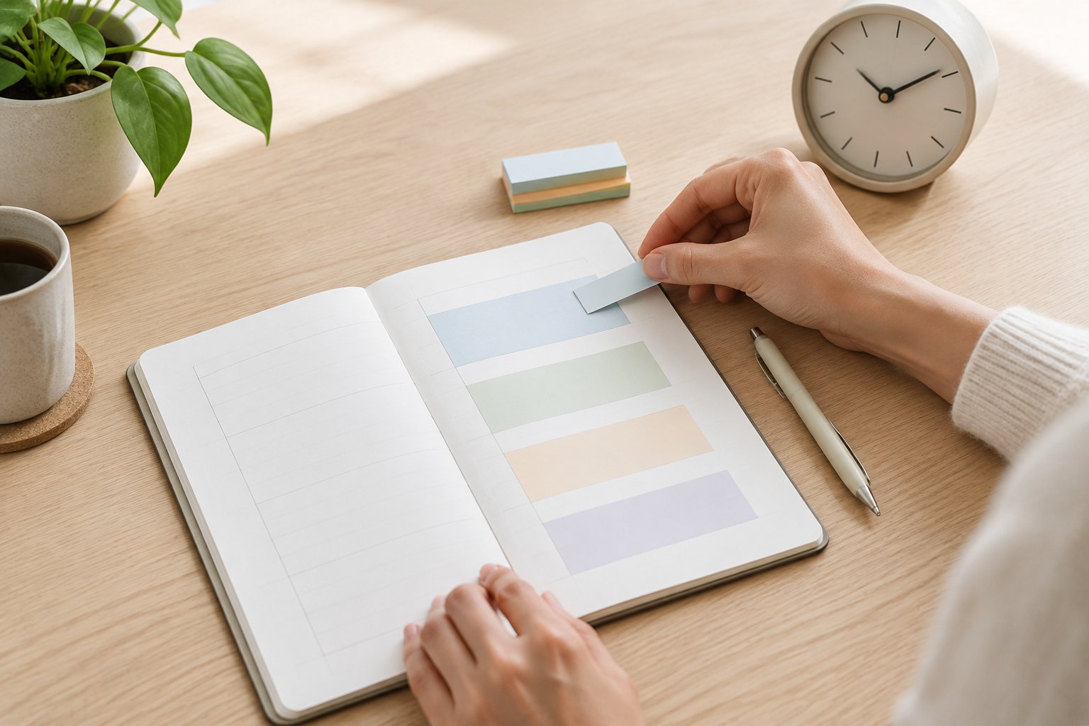 A person organizes a few blocks of time in a planner at a desk.