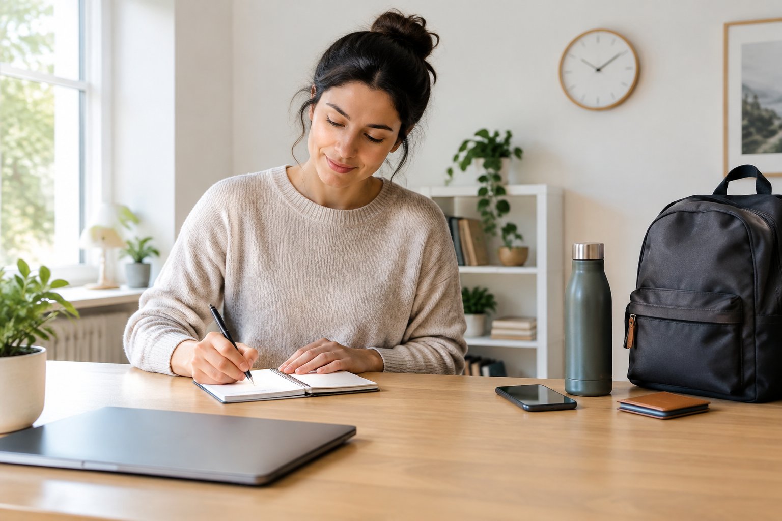 A person organizes a tidy workspace and prepares a short task list.