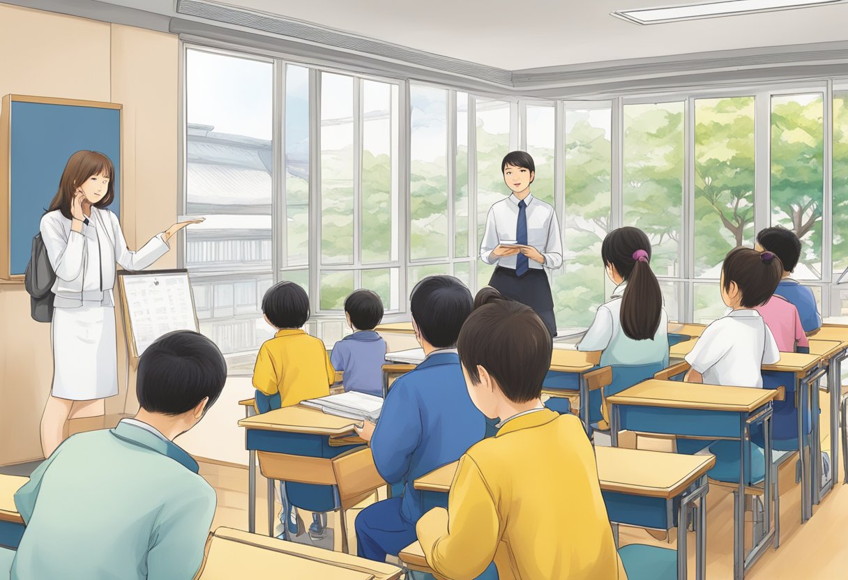 japanese students sitting in a classroom with teachers.