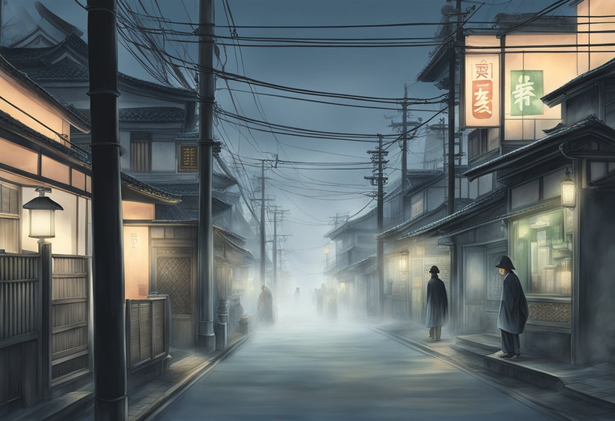 creepy japanese street with smoke and people standing outside