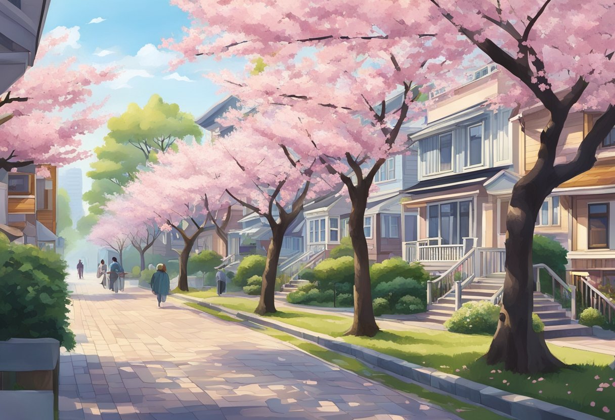 cherry blossom trees in japanese suburbs