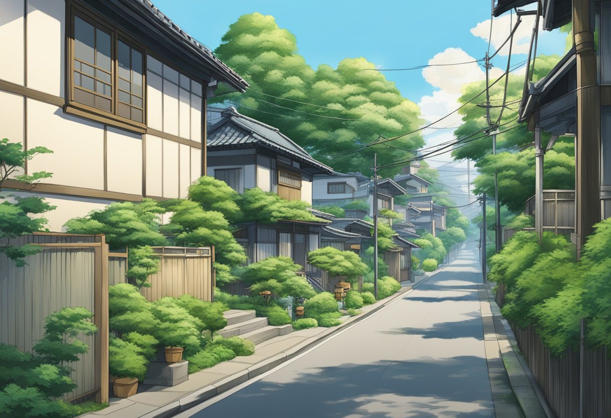 japanese suburb overlooking photo, cartoon style