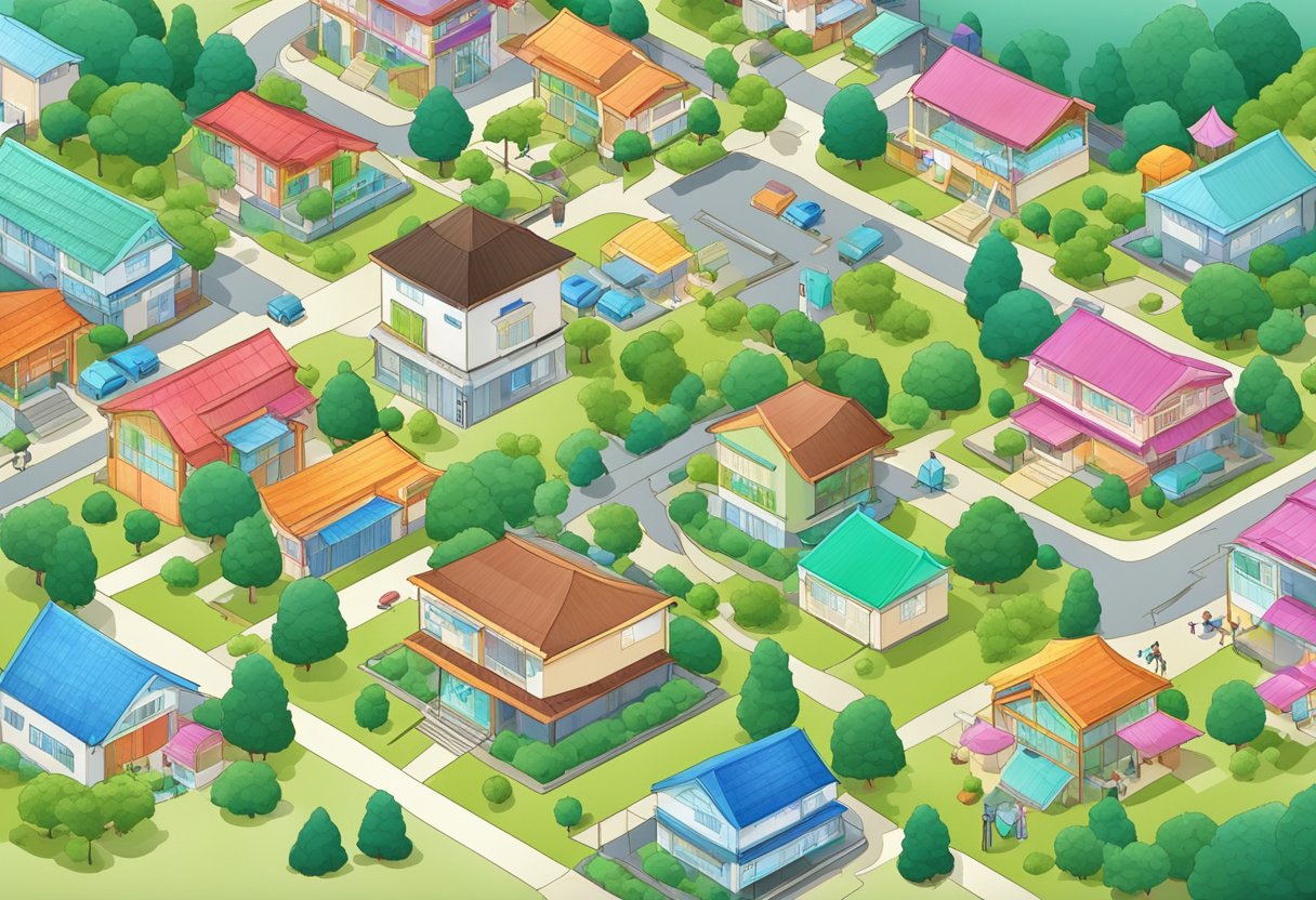 colorful suburban neighborhood in japan, cartoon image