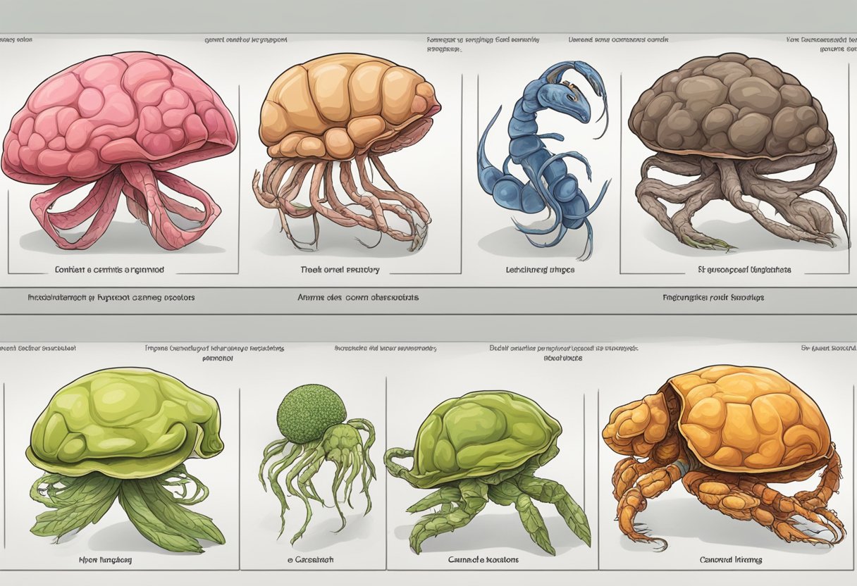 Eight digital illustration of various organism types, caricature