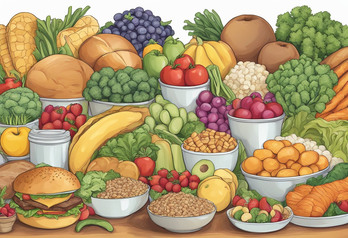 A digital illustration of fruits and vegetables stacked on a table