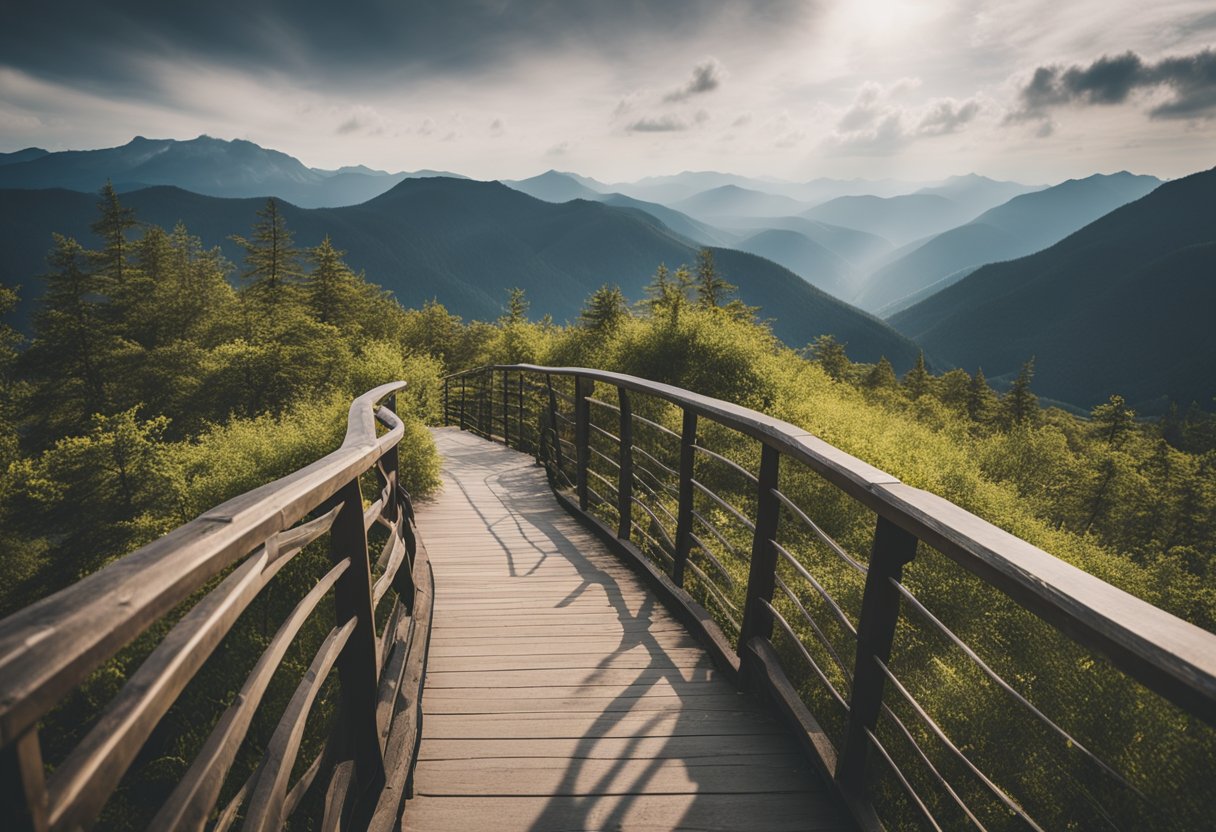 wooden bridge in a forest on a huge mountain