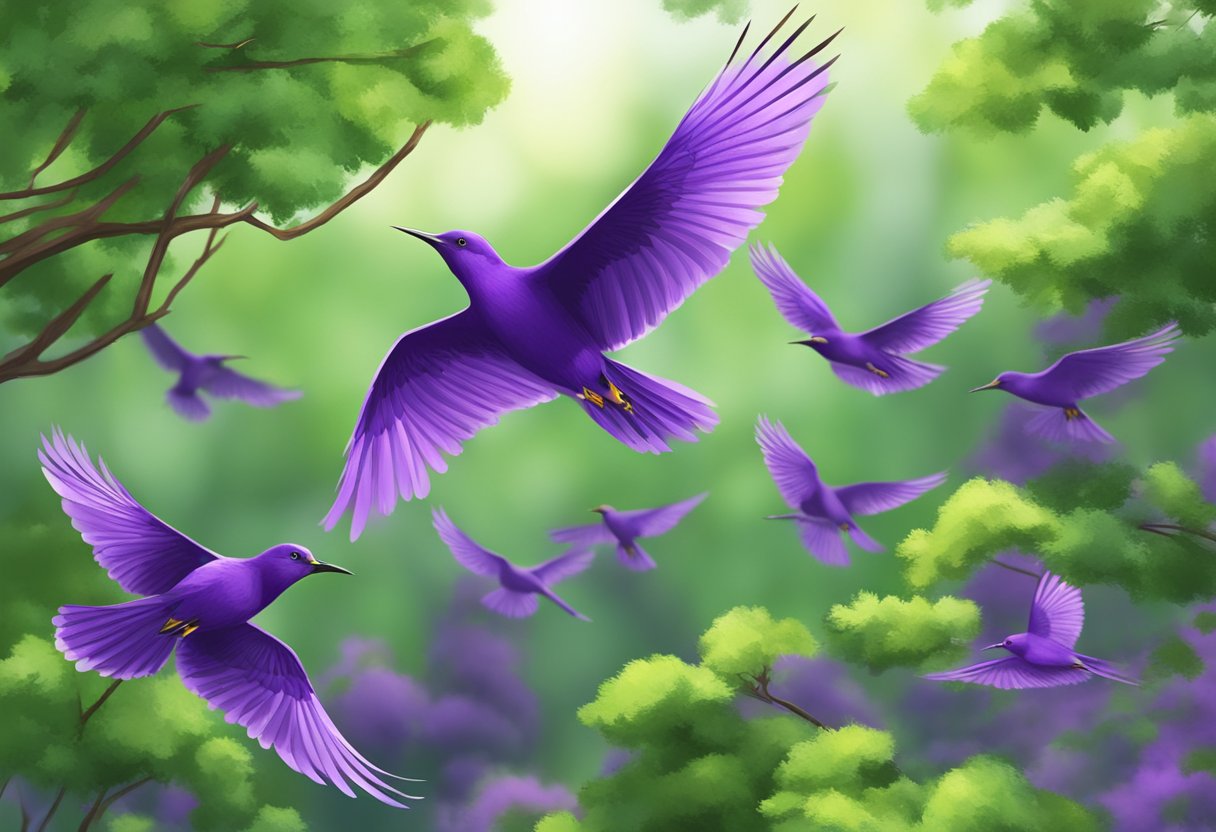 purple birds flying in the woods, in the style of digital painting
