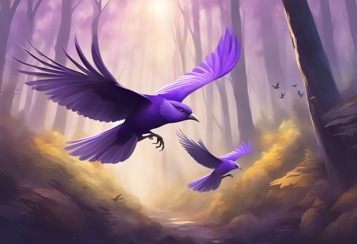 digital art of two purple birds are flying through the forest