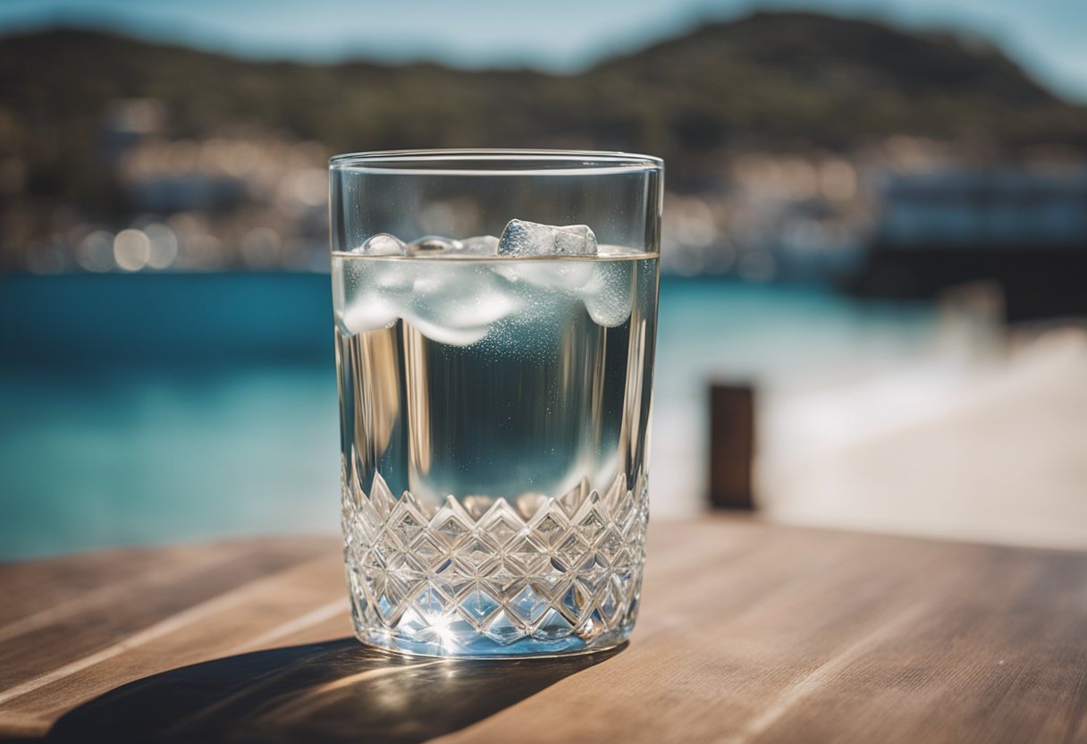 a glass of tap water with ice-cubes in it.