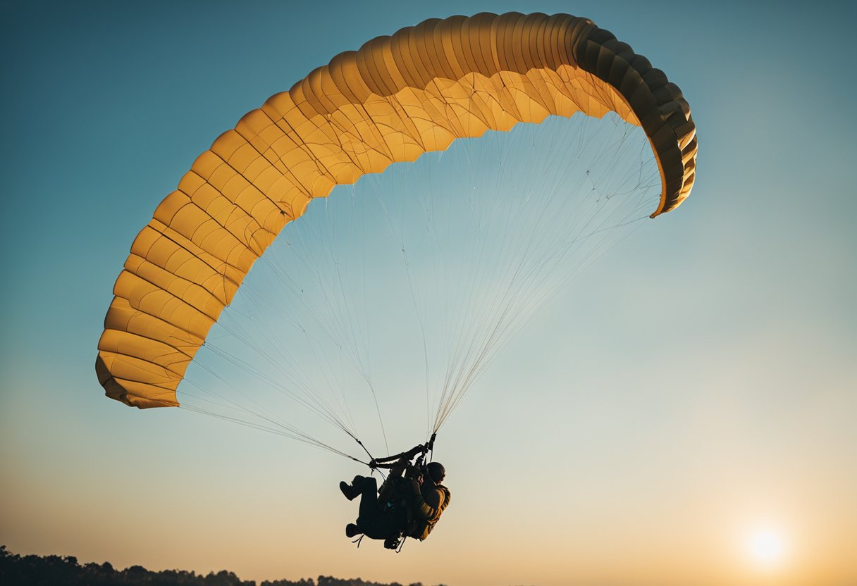 an enthusiastic skydiver touching the ground in his yellow colored parachute.