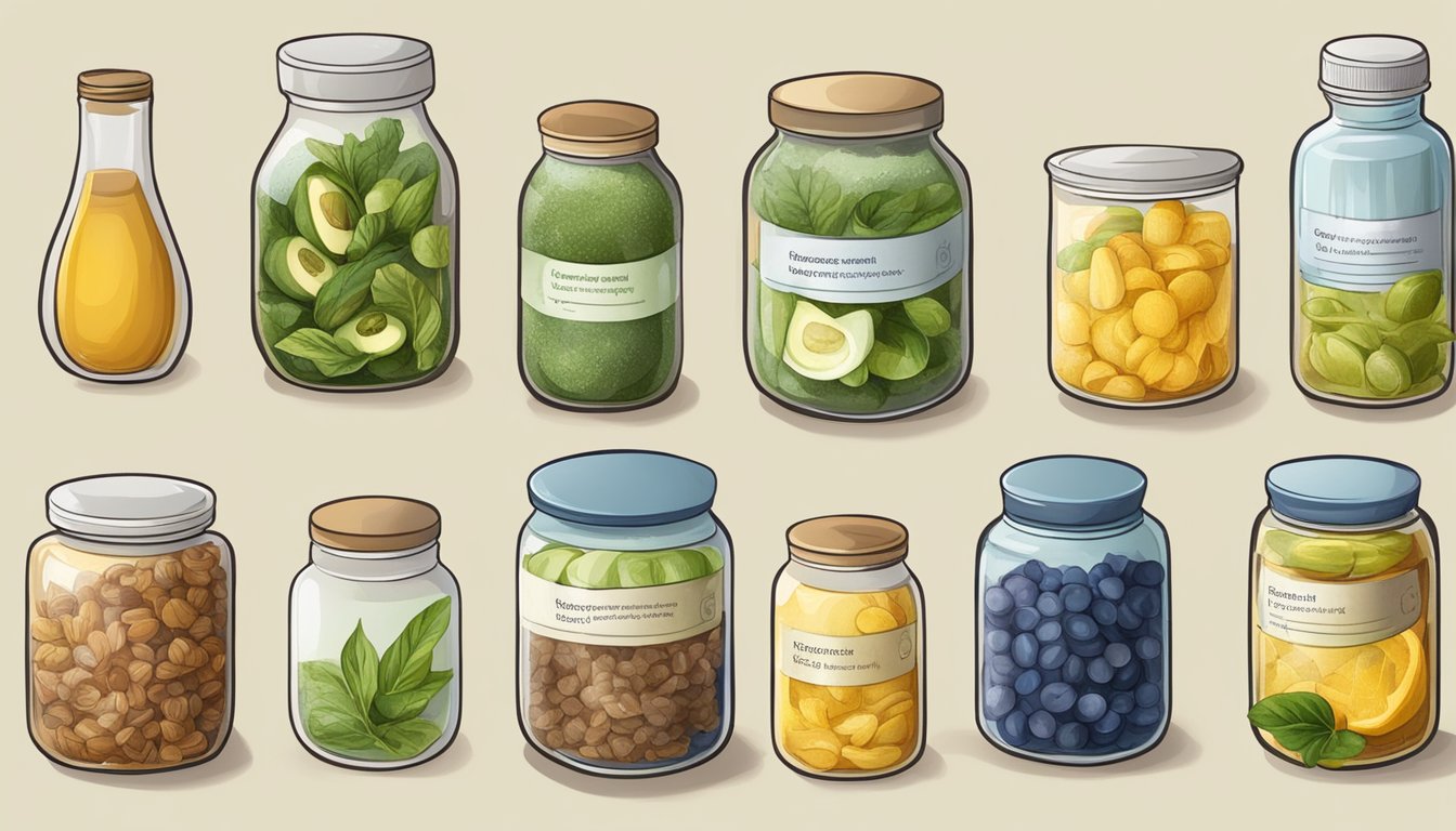 Illustration of twelve variously shaped jars and bottles neatly arranged in three rows. Which relates to Home Remedies of Constipation. Each container is filled with a different type of food or drink, including orange juice, pickles, a green smoothie, sauerkraut, chickpeas, olives, blueberries, and lemonade. Labels on the jars and bottles indicate their contents.