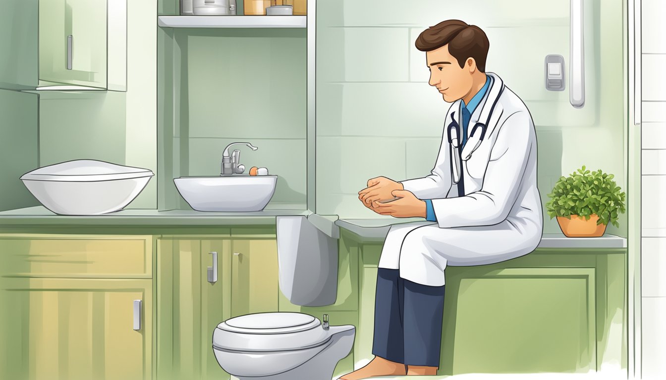 Cartoon image of a doctor, identifiable by a white coat and stethoscope, humorously depicted sitting on a toilet in a bathroom complete with a sink, mirror, and plant. The doctor’s face is intentionally blurred for anonymity. Which relates to Home Remedies of Constipation.
